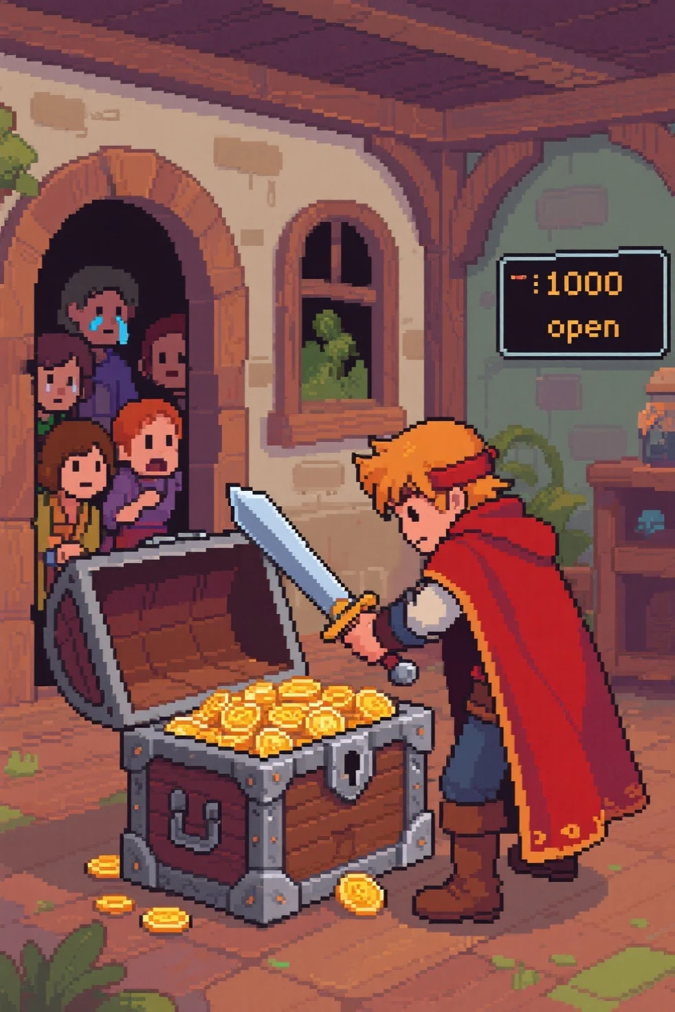 Retro RPG game、scene where the hero opens the treasure chest in a private house、There is 1000 gold in the treasure chest,The residents of the private house look at the hero opening the house's treasure chest without permission with a crying face、There is a command window on the right side and “open” is displayed、勇者は鉢巻と赤いマントを着て、剣を装備している