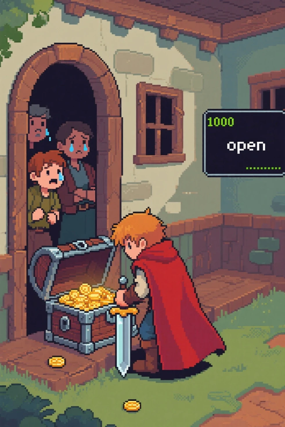 Retro RPG game、scene where the hero opens the treasure chest in a private house、There is 1000 gold in the treasure chest,The residents of the private house look at the hero opening the house's treasure chest without permission with a crying face、There is a command window on the right side and “open” is displayed、勇者は鉢巻と赤いマントを着て、剣を装備している