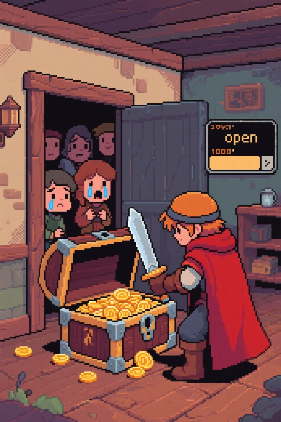 Retro RPG game、scene where the hero opens the treasure chest in a private house、There is 1000 gold in the treasure chest,The residents of the private house look at the hero opening the house's treasure chest without permission with a crying face、There is a command window on the right side and “open” is displayed、勇者は鉢巻と赤いマントを着て、剣を装備している
