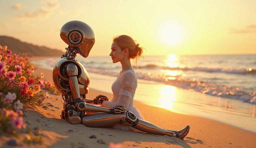 (Masterpiece.UHD.photorealistic. Analog photography) in the blurry background, an infinite pool in a Mediterranean scenery and a 1930 clunky, rusty evil war robot.An ultra hot gorgeous European woman.age 23. Voluptuous hourglass body. Gorgeous face. stands poised at the edge of an infinity pool. Her long, golden hair is elegantly styled and reflects the bright sunlight, adding a warm glow to her appearance. ((deep purple blindfold on two eyes)) capturing and reflecting the bright light, exuding serenity. She is dressed in a stylish crochet micro bikini with delicate lace details on the top,she’s fully bathed in sunlight, creating a strong, direct illumination that highlights her slender figure and the texture of her skin. The sheer fabric attached to her bikini bottom catches the sunlight, adding an ethereal quality to the scene. The pool's reflection enhances the overall brightness, creating a balanced and harmonious composition. Sensual pose.