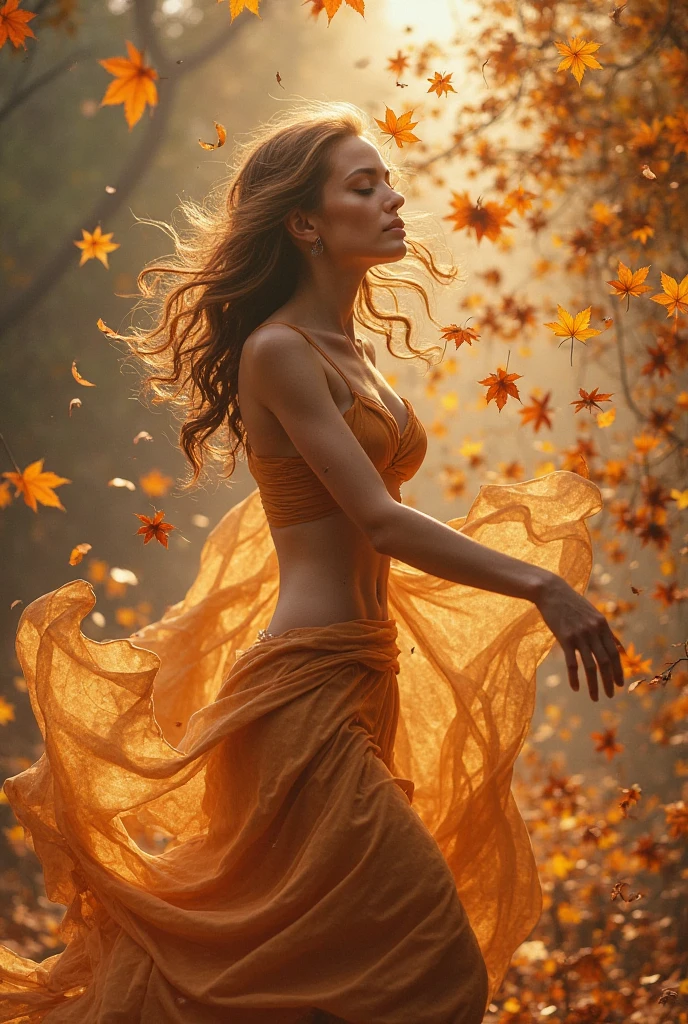 portrait character the body is made of air, air skin, air element Creature, dance with wind and autumn leaves, beautiful, proud, high detail, masterpiece, long hair, With trees in the background, skin emits light, eyes emits light, athletic body, erotic outfit, lots of wind in her hair, in the trees and in the whole scene
