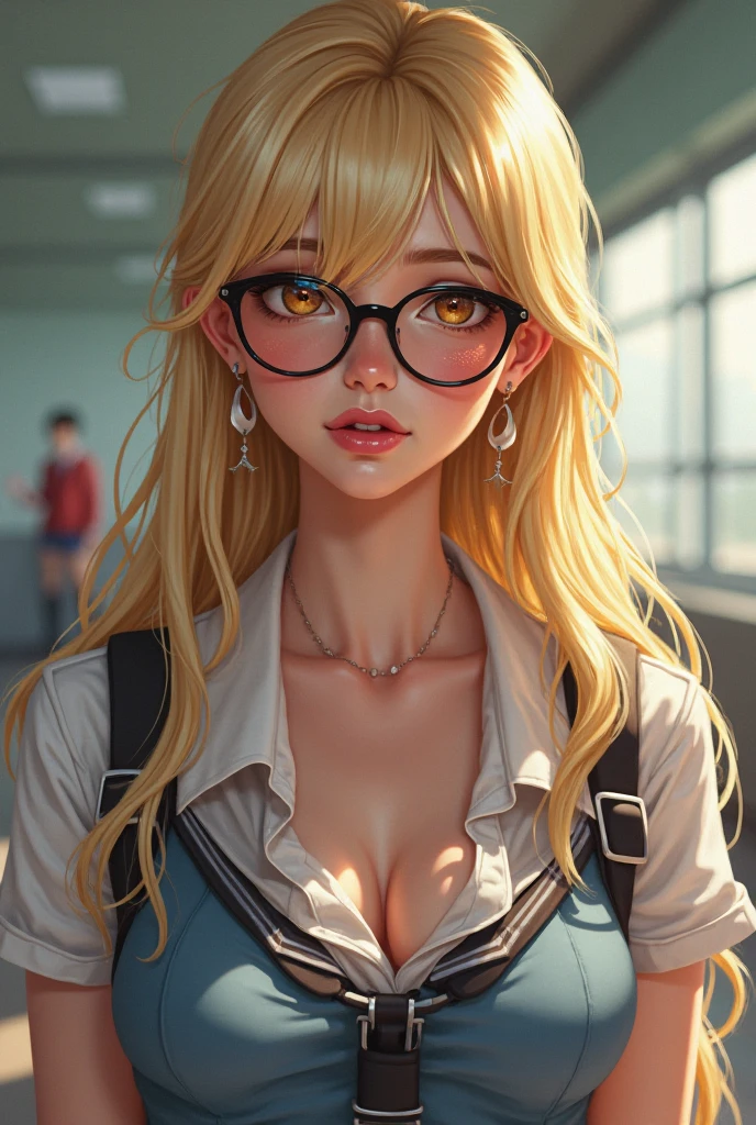 ((A very cute woman in underwear on a crowded train)) (Wearing a plummeting open shirt of white silk: 1.5.), ((upper body)), 40k, photo, masterpiece, top quality, dark gray background, ((one girl blue eyes and gorgeous bright blonde hair, she wears glasses on her beautiful face)), Beautiful Caucasian woman with large breasts and white skin, ((Big: 1.2)), Super detailed face, Detailed eyes, blushing