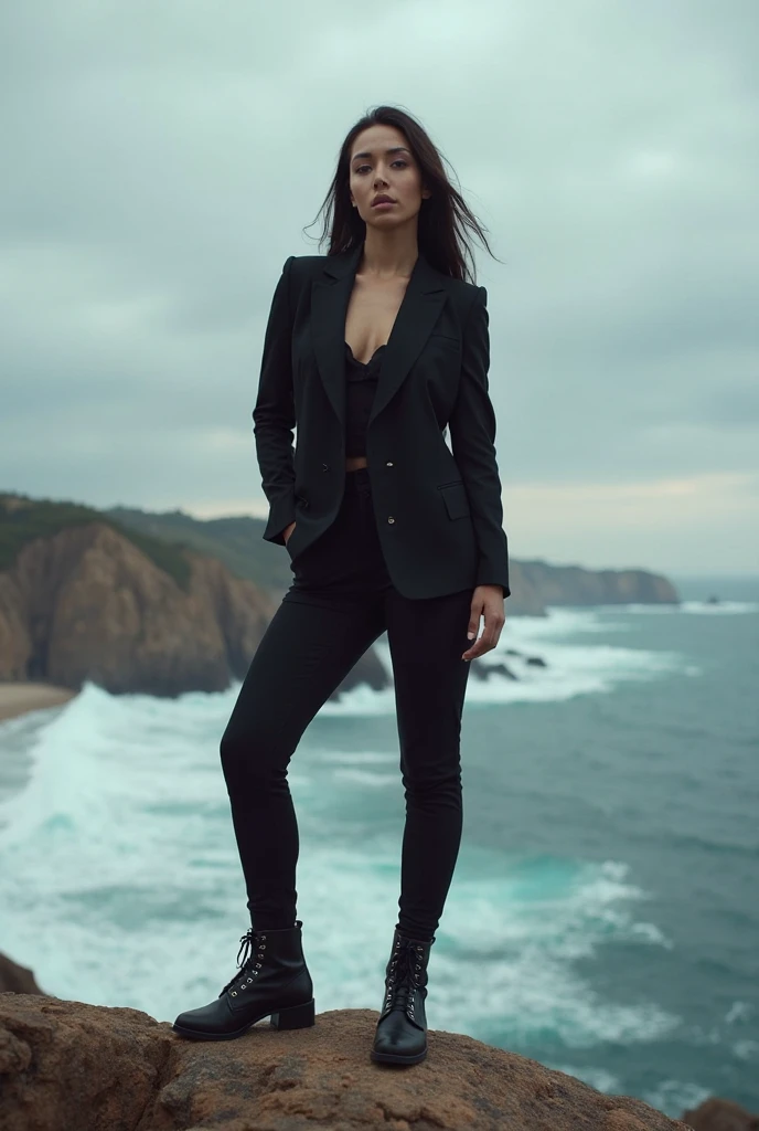 Attractive woman walking, size 34c, black jacket, white crop top, exposed navel, black short jean, private plane background