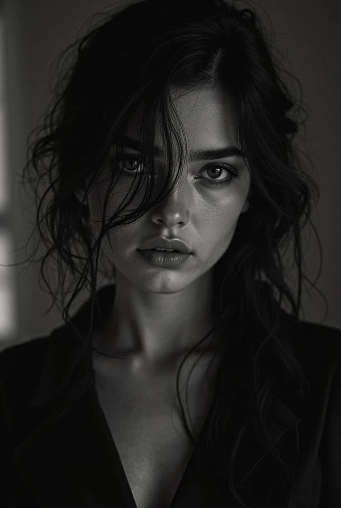 Woman with long hair and a ring on her finger, sensual expression, black and white portrait, inspired by Peter Basch, by Constantino Andreou, Angela Sarafyan, inspired by Mario Sironi, looking intensely at the camera, inspired by Irakli Nadar, by Alexey Merinov, black and white fine art photography, analog photography