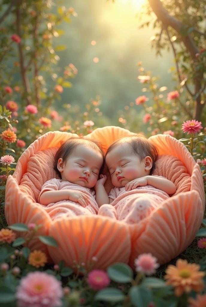 (masterpiece), (Highest quality), Realistic, RAW Photos, Realistic, Cinematic Light,Big Sunset、 Pink Flower　Very beautiful twin baby girls,　Sleeping side by side in a cradle in the grassland　 Both of them have black hair and black hair., White Cape, Under the Gemini Stars 