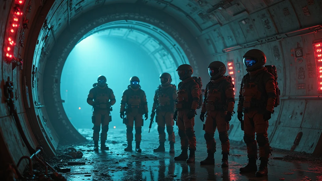 A highly detailed cinematic scene featuring a group of six space ...