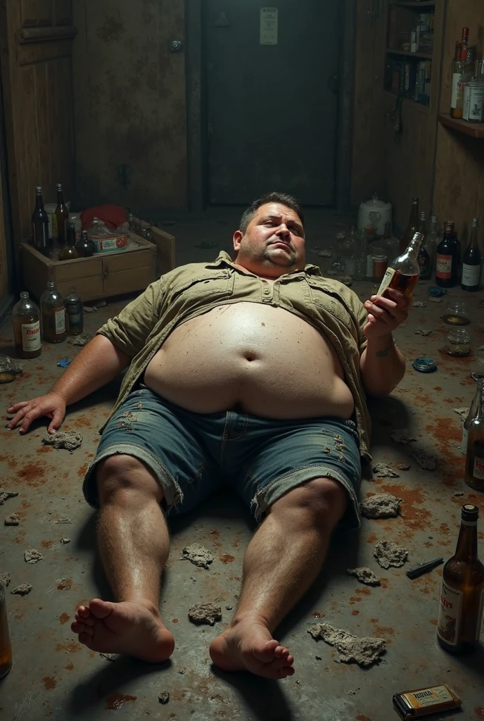 (realisitic)(bald man with a big nose and a big belly )the man is lying down sleeping with his coca cola 