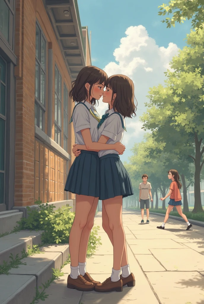 Two girls hugging, school dress, they are in a park