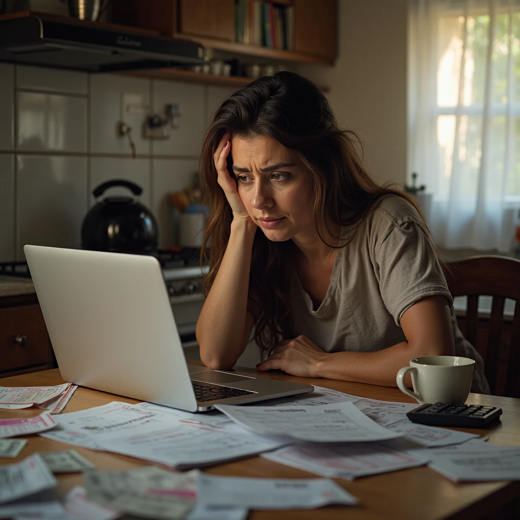 A person is sitting in his living room, surrounded by bills and papers spread across the table. She has her head in her hands, visibly worried and sad. The light is soft and there is an air of tension in the air.