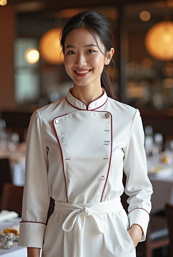 masuter piece, best qualtiy, ((Real Model Shots)), 8K picture quality, ((1 persons)), extremely delicate and beautiful, magnifica, Official art with attention to detail, (Cute girl at 18 years old), (Petite and pretty girl), (japanese beauty girl), ((Perfect female figure)), large full breasts, Slim waist, big butts, Black hair, (((Cute brown color long sleeve pastry chef clothes))), Cooking clothes, Whole cakes, atelier, Cake shop, ssmile,