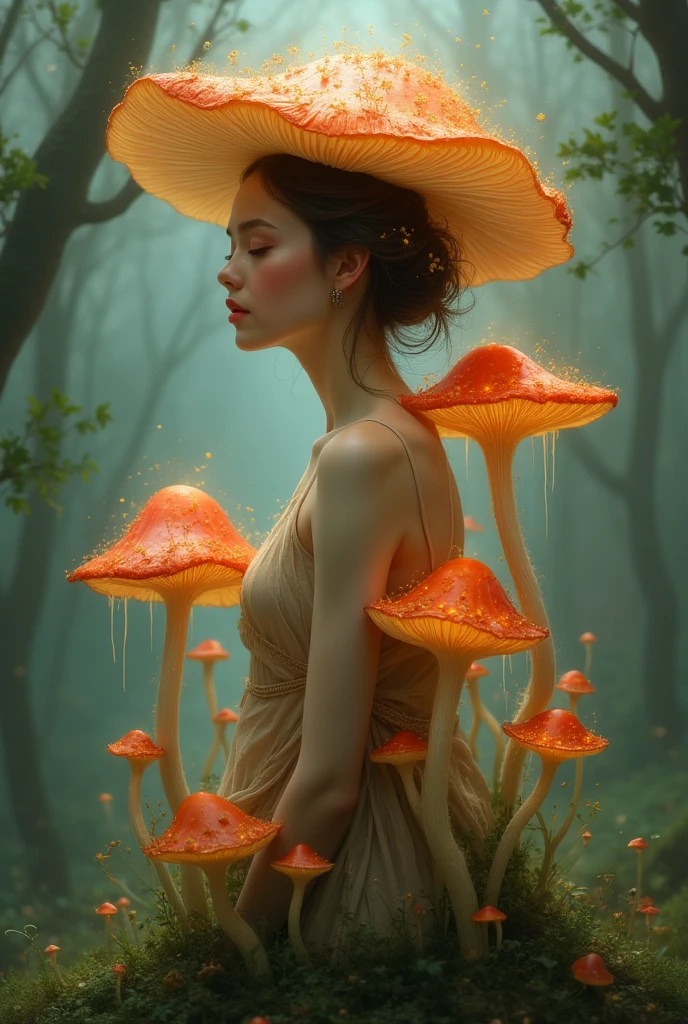 Nude portrait of an enchanting woman with ethereal mushroom characteristics, exuding elegance and serenity, standing gracefully amidst a vibrant and verdant forest. Her skin, reminiscent of the delicate cap of an Amanita mushroom, radiates a natural and otherworldly allure. Her flowing dress cascades like the slender stem of a mushroom, adding an air of enchantment to her presence. She embodies the essence of a mystical forest nymph, adorned with subtle mushroom textures that harmonize with her surroundings. The soft and bewitching woodland backdrop further enhances the enchantment, creating an immersive and captivating scene.