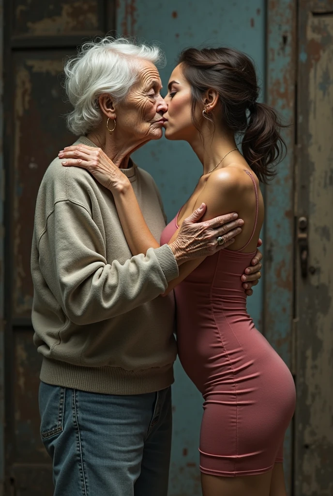 Create a realistic image of a 90 year old lady, who has black skin, that is fat, She is standing and wearing a flowery dress and wearing glasses. She is carrying in her arms, a white-skinned adult woman, AT 35 YEARS OLD, Long brown hair, who's naked. The lady is sucking a nipple of the naked woman