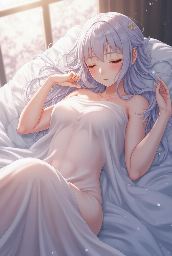Japanese anime style，White-haired girl，On the bed，Wear white，Charm，A little bit of reality，Some body details，Cat girl，Bust A，