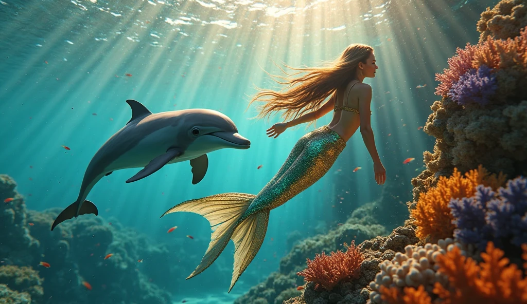 breathtaking A fantasy digital illustration of a mermaid gracefully swimming alongside a dolphin, vibrant coral reef below, rays of sunlight beaming down, colorful fish surrounding them, mystical and serene . award-winning, professional, highly detailed