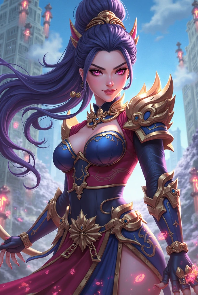 a close up of a strong woman in her 30's, with purple eyes and brown hair, wearing a black and purple ball gown dress, a heroine with blue eyes, martial artist holding polearm, standing in a chinese temple, new costume concept design, in the style of blade and soul, full body character concept, detailed character design, inspired by Yang Jin, inspired by Li Mei-Shu, chinese costume, inspired by Lan Ying, inspired by Sim Sa-Jeong, inspired by Li Tang, lunar themed attire, costume with blue accents, inspired by Ju Lian, colored concept art, highly detailed character design, highly detailed face, inspired by Ai Xuan, very highly detailed face, unreal engine render, final fantasy 14 style, inspired by Leng Mei