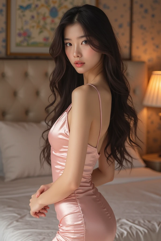 hình ảnh siêu thực, masturbation position on chair, pretty white girl, ngực to, big butt, wearing a pink see-through dress, black hair