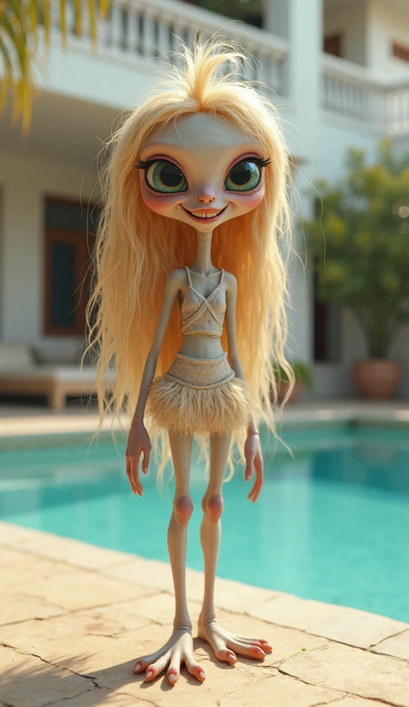 Make me a blue eyed bratz doll, Blonde and with a mole above her lip with a full-body fox drag look where her feet can be seen