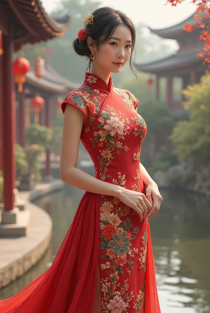 Cheongsam, by ruan_jia, RAW photo, 35mm photograph, bokeh, best quality, masterpiece, very aesthetic, perfect composition, intricate details, ultra-detailed