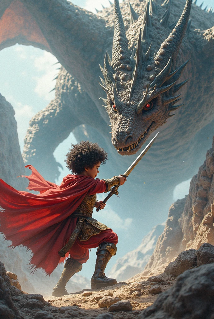 Boy cut down dragon head standing on it everyone is encouraging.