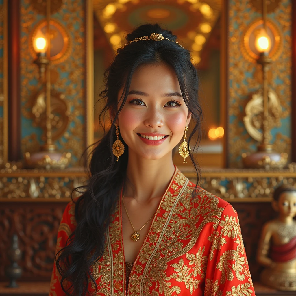 A photorealistic portrait of a young woman with long, flowing hair that transitions from black at the roots to brown at the tips. She is wearing an ornate, golden Thai royal dress from the Ayutthaya period. The background is a bokeh of colorful lights, as she stands in a nighttime festival. The moonlight illuminates her fair skin, and her golden jewelry sparkles in the light. She has a warm, gentle smile and a joyful expression in her sparkling eyes. Her face is an oval shape with delicate features, and her bone structure is well-defined. The details of the Thai silk fabric are intricate and realistic.