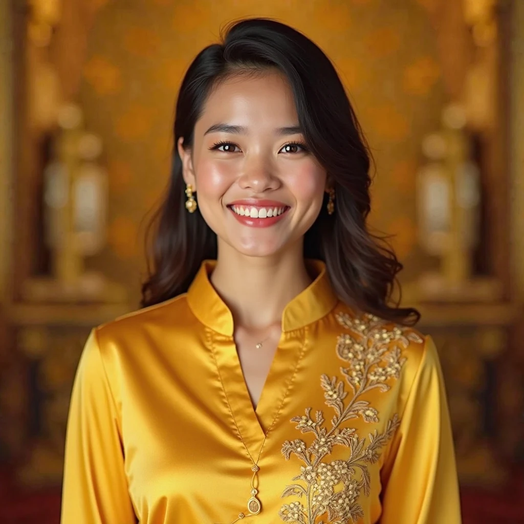 Under the big padauk tree (smaller yellow than the yellow side of the) (padauk flowers) are blooming. Under the tree (padauk flowers) the young Burmese woman is smiling beautifully, wearing yello Burmese dress.