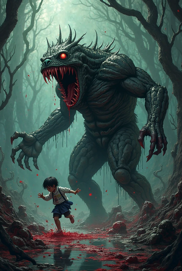 tmasterpiece,Best quality at best,Dense jungle,Rough and damp trees,Huge thick vine,weeds,water puddles,marshes,((5-year-old child adventurer standing in front of a huge man-eating flower)),Piranha,adventurer clothing,brutal,bloodthirsty,attacking,bloods,heavy bleeding,super-fine,Works of masters,high qulity,8K分辨率,depth of fields,电影灯光,Epic shooting