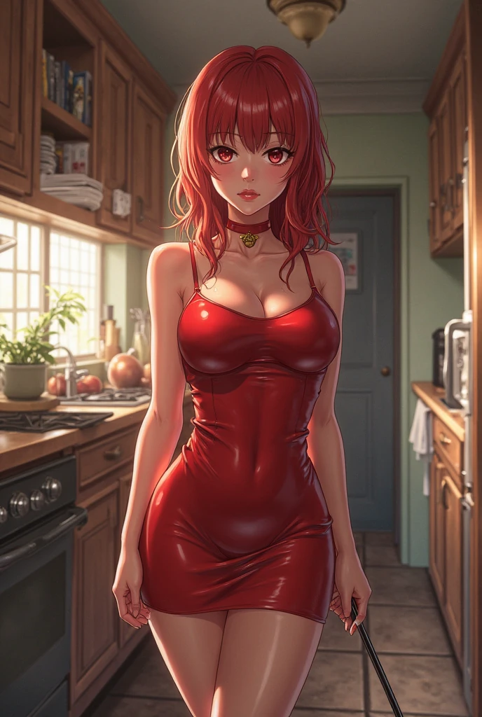(SFW), masterpiece, best quality, highres 64k, professional artwork, famous artwork, clean, cinematic lighting, beautiful eyes + detail, beautiful hair + detail, multicolored hair,  (very sexy young female body:1.4), ( medium breasts, lactation), happy:1.3, smile, sexy looking at the viewer, floating hair,  poison ivy arkham, red long hair,  green eyes, makeup, green skin, leaf, red shirt,  indoors, doorway, open door,   (Welcome home),  <lora:poison_ivy_arkham:0.4>