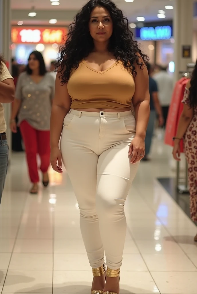 a very short and thick voluptuous smiling Indian woman with huge saggy breasts wearing trendy kurti without bra with a jacket and denims walking through a shopping mall looking back, warm backlit dreamlike atmosphere, soft cinematic focus, anamorphic lens flares, masterpiece, by Zack Snyder,