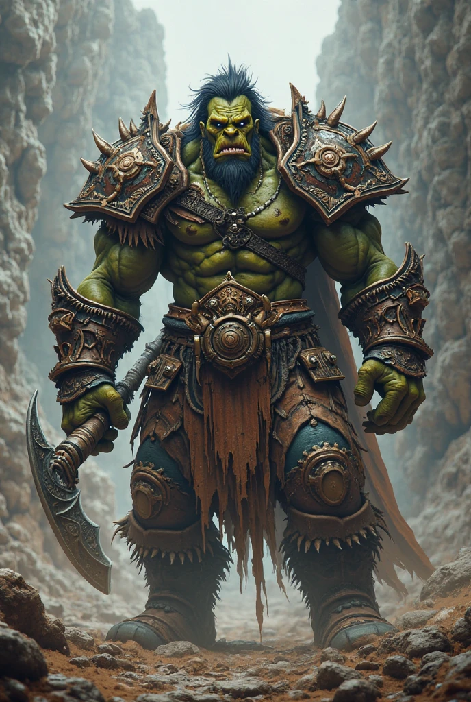 A 40ish man devotee of Warhammer chaos god Nurgle, (bedraggled, black hair, brown eyes, dirty and dingy, european features, dirty worn clothing, tabard with christian markings, obvious chaos tain assorted holy symbol necklaces dagger and mace on belt) walking a trail