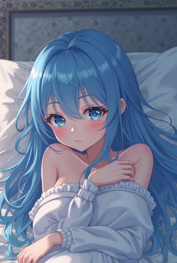 1girl, bluenette hair, light blue hair, next door girl, sleepy, lazy, bed, laying in bed, relaxing, lazy day, comfy outfit