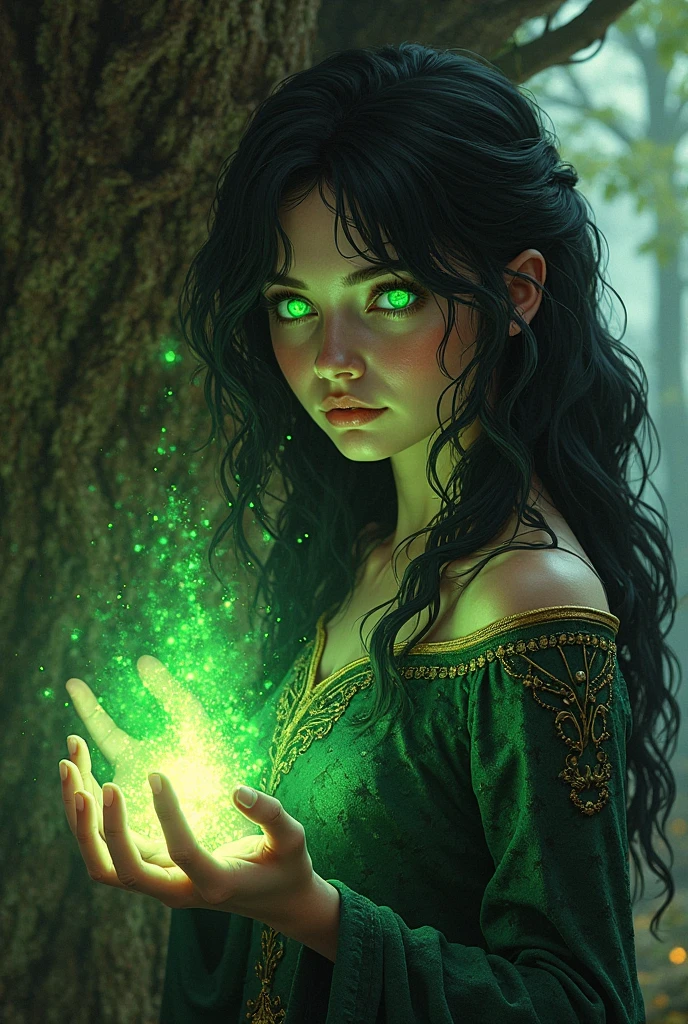 Jungle like environment. A young Plant woman with a deep green skin tone & a set of B-cup breast. She short has leaf green curly hair & is wearing a revealing mythic flowing Black-Purple-Green cloak with Golden Floral designs & an otherworldly flower wreath on he head. She has Serious gaze in her Starlike Golden eyes & a heavy freckled form. She has long transparent crystal blue antlers radiating Floral energy & a set of quaint elven ears. She has a small cute nose She is seen in a battle stance summoning verdant green Starlight magic from her fingertips
