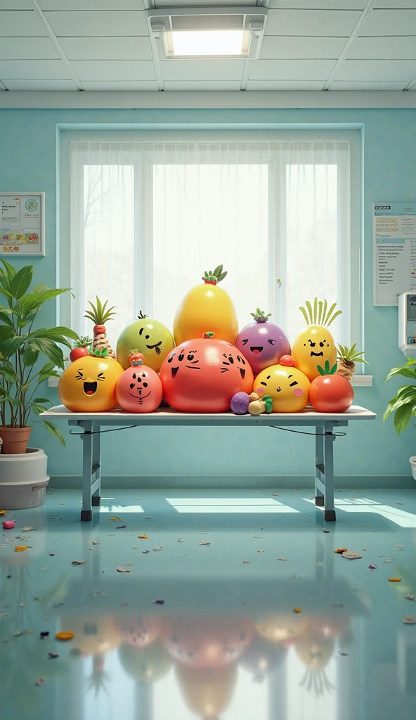 Surreal scene, a family of fruit people (apples, pears, grapes, cherries, etc) lounge around the living room playing on their cell phones, one the coffee table is a bowl of fresh humans (tiny naked people)
