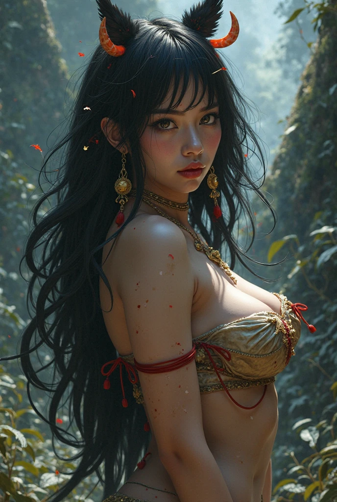 (RAW Photos:1.5), (Realistic:1.5), (Photorealistic:1.5), High resolution, Very detailed, masterpiece, One beautiful Japanese lady, Sexy Barbarian, alone, (((Graceful and cute face:1.5))), Medium loose hair, Black Hair, ((Beautiful and delicate brown eyes:1.5)), ((Voluptuous body:1.35)), big tits, big ass, ((Night view with a dark forest in the background)), ((fur Bra)), ((Sexy loincloth)), necklace, Circlet, tattoo, full Body,