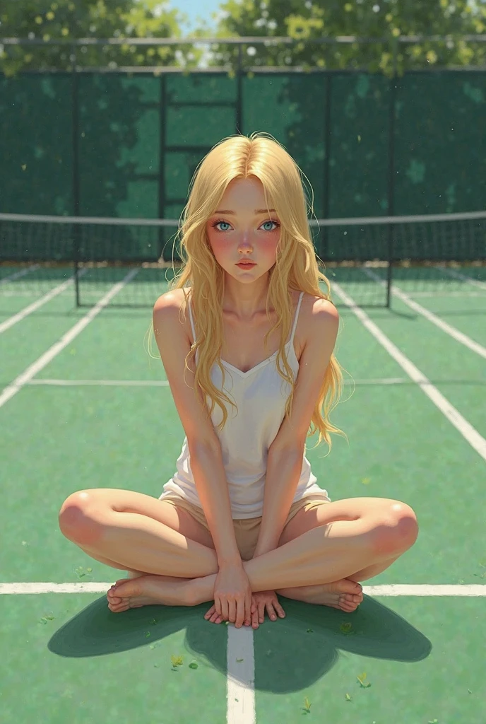 1girl in、Top image quality、Young Adult Women、hposing Gravure Idol、a blond、blue eyes、Tennis court on background、Tennis Wear、White undercoat、sneakers、A slender、realisticlying、ren、A slight smil、Be sure to draw your face、Correctly depict the structure of the human body、