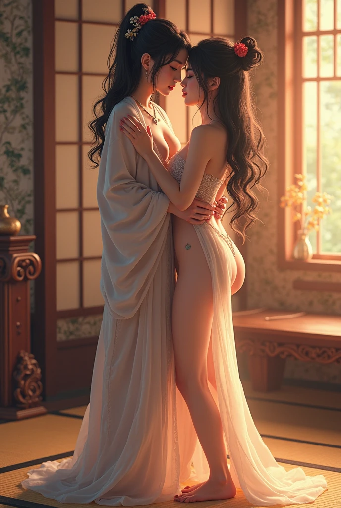 The art depicts a charming woman dressed in a flowing, silky nightgown, pink, decorated with intricate patterns and bright colors. Her dress drapes elegantly over her curvy figure, accentuating her seductive silhouette. She stood gracefully in the quiet moonlit night, bathed in the soft glow of the moonlight. The scene exudes an ethereal and dreamy atmosphere, with a touch of mystery and sexiness. The graphic style blends watercolor and digital illustration techniques to evoke a refined beauty and charm. The lights are filled with soft moonlight, casting soft highlights and shadows on her charming features. Bare thighs, big breasts, three-dimensional facial features. Another woman is hugging and kissing her. The other woman is dressing as a office worker and has long straight hair. Lesbian, kiss, girls kissing, lesbian kiss