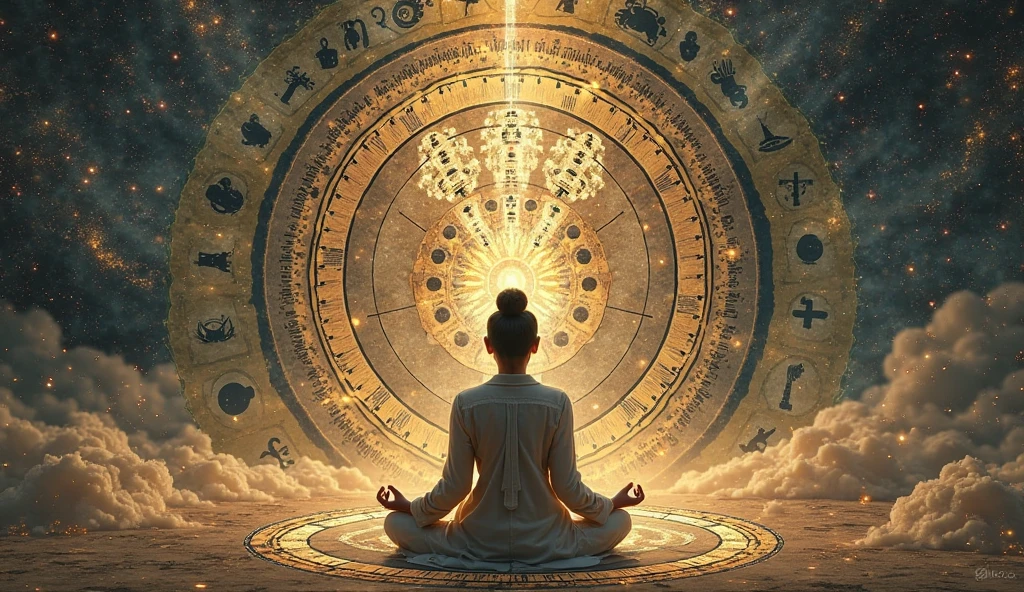 ((best quality)), ((masterpiece)), (detailed), A person in deep meditation, with symbols of inner exploration like a labyrinth or cosmic patterns