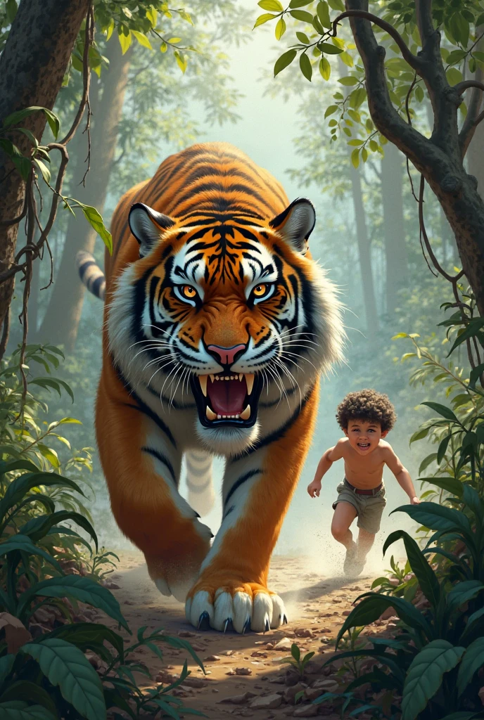 The child is being chased by the tiger