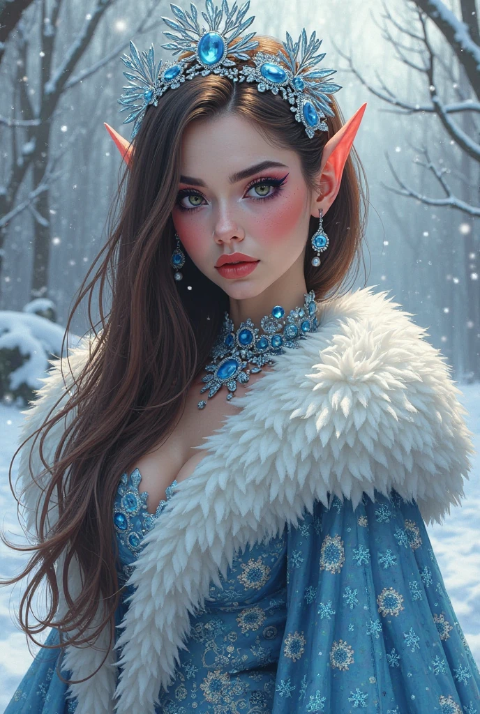 tmasterpiece，quality，Best quality，offcial art，（Beauty and aesthetics：1.2），（tmasterpiece：1.3），rainforests，Huge tree，A female elf，Santa Claus set，did not wear underwear，Sexy figure，looking at the camera in，（close up：1.8），volume fog，snow cover，nevando，theatrical，natta，christmas