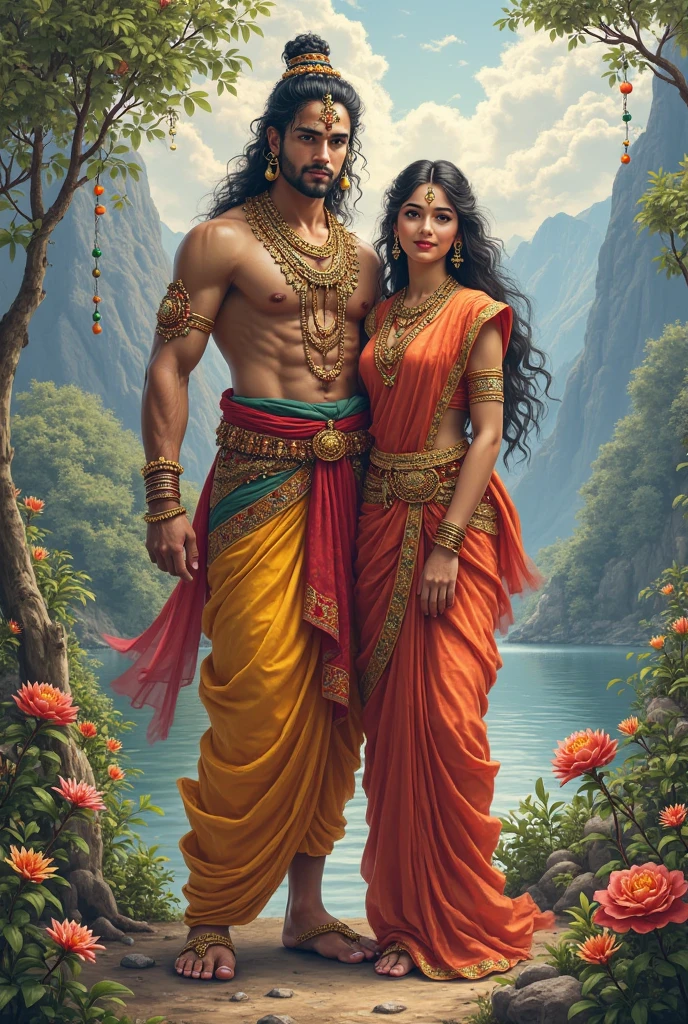 **Rama and Sita:** Rama, dressed in traditional Kshatriya attire with a regal demeanor, stands beside Sita, who is adorned in a resplendent saree with intricate designs and jewelry. Both are depicted in a moment of joy and reverence.