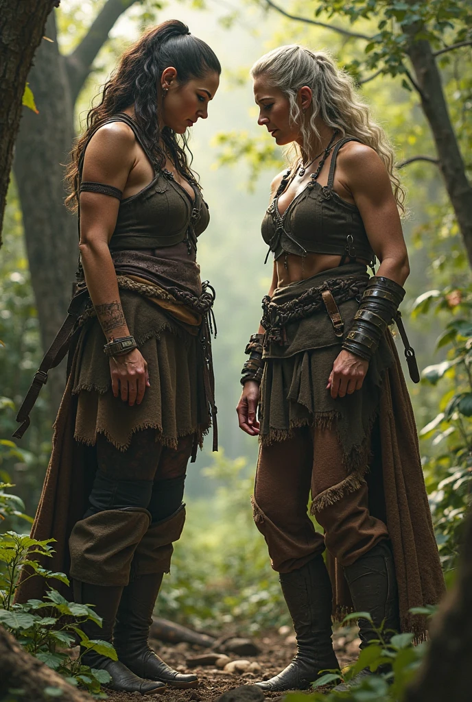 Full body picture of two lesbians women walk barefoot: two women (excellent clarity). One woman barefoot is a chubby 80-year-old Viking, 1.90 meters tall, with fair skin, very large sagging breasts, and a muscular, toned body. Her face, marked by fatigue from a long journey, is strikingly beautiful, with large green eyes and slightly cracked lips, staring directly at the camera with intensity. Her thick, red hair is styled in a single braid down her back. She appears dirty, covered in mud, with visible scrapes and bruises. She only wears a few tightly bound leather harness straps, pressing into her skin, along with Viking accessories. She has her arm over the shoulder of the smaller, her, a 30-year-old barefoot Viking woman expression of shame, also with fair skin, slender yet muscular, walks barefoot. Her long, blonde hair is styled in a neat braid, and her skin shows signs of days without bathing, with similar scrapes and bruises scattered across her body. She also wears a few tightly bound leather harness straps, pressing into her skin, and Viking accessories. Her beautiful face, with large green eyes and full lips, gazes at the camera with a look of expression of shame.