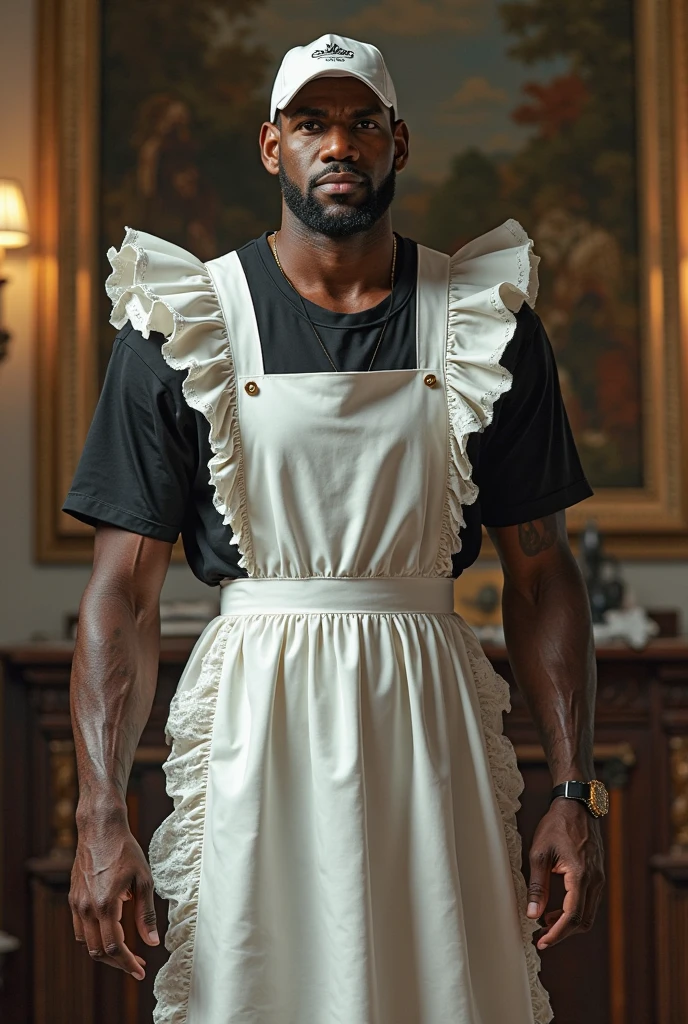 Male character with black skin, muscles wearing maid outfit 