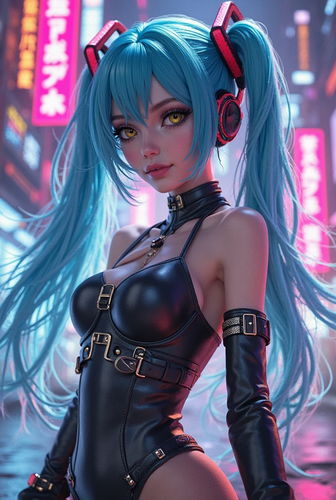 1girl, hatsune miku, black tape project, dutch angle, detailed hair, detailed facial features, detailed eyes, detailed lips, intricate hairstyle, long flowing hair, cyberpunk, neon lights, glowing neon, dark futuristic city, moody lighting, cinematic composition, dynamic camera angle, high contrast, vivid colors, (best quality,4k,8k,highres,masterpiece:1.2),ultra-detailed,(realistic,photorealistic,photo-realistic:1.37) , NSFW.
