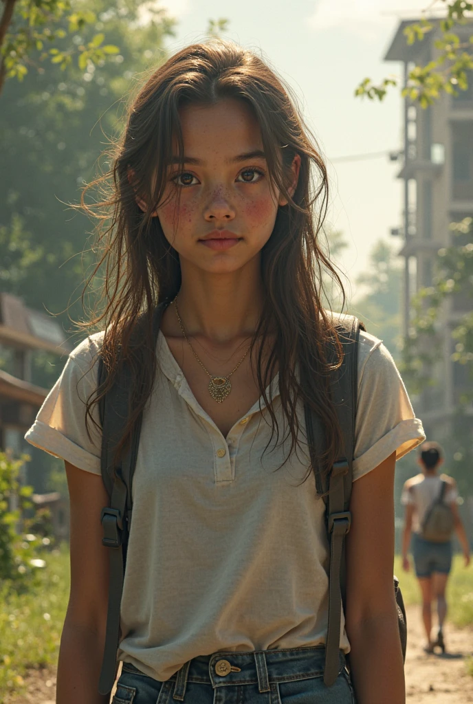 bare face,((Dirty face)),numb expression,neutral colors, ((((hdr)))), ((((muted colors)))), 1girl,a young woman, street smiling, backpack, stains, tattered clothes,ponytails, epic realistic, photo, faded, complex stuff around, intricate background, soaking wet, intricate scene, artstation, intricate details, vignette, sharp focus, documentary film footage, high resolution photography, supple skin pores, real person, detailed skin texture, cinematic movie image, upper body shot, detailed skin, 20 megapixel, detailed face skin, movie grain