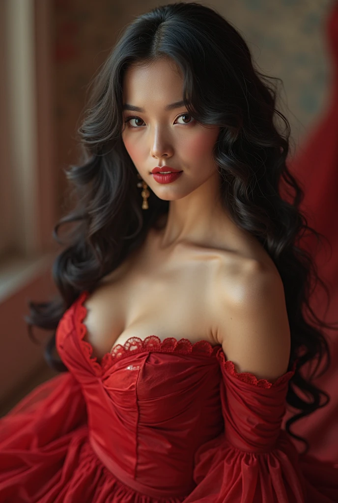 Best quality,8K,A high resolution,Masterpiece:1.2, DSLR, 16k ),Ultra-detailed,(Realistic,Photorealistic,photo-realistic:1.37),Portrait, Creative style artwork, Historical, classical, Sophisticated, plethora of colors ,Highly detailed, Soft lighting, luxurious environment , there is young woman , girl wearing a red silk classy royal dress, performing a music video, slim fit (oval perfect shape, asymmetrical face structure, perfect proportion, almond eye type, hazal eye color, detailed eyes, blue hair color, 32 inch breasts, hourglass figure, slim body, pale white skin tone ,sexy girl, 2, soft wavy hair, looking away, attitude expression, professional makeup, pink lips