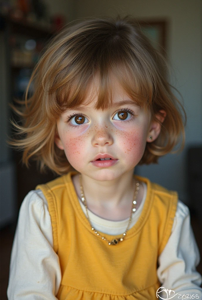 A two-year-old redhead girl with short curly hair and green eyes