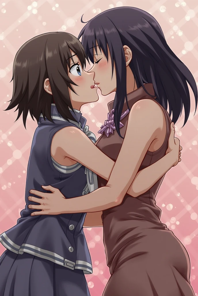 two lesbians share a kiss, tits
