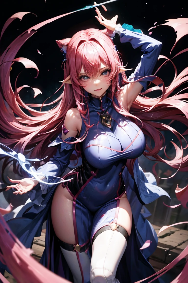 Beautiful female magician, fantasy world, out in green lush plains, flying in the air, casting the ultimate form of magic, many effects, really colorful, holding a staff, eyes glowing, wind swirling around her,