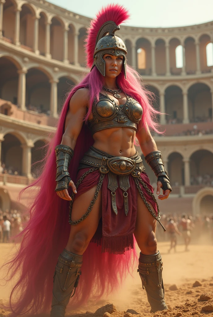 (Very detailed CG unity 8K wallpaper),best qualtiy,cinmatic lighting,detailed back ground,((best quality)), ((masterpiece)), (detailed), NSFW, small breasts, prominent collarbones, skinny arms, flat and toned stomach, visible hip bones, full body, long hair, pink hair, ponytail, Realistic Shadows, Detailed skin, Very small breasts, Hair Ribbon, Very detailed, highly detailed face, Perfect face shape, Perfect lips, Perfect nose, Correct beautiful eyes, Watching Viewer, Best Quality, Single Girl, young female warrior, dressed in a tasteful, revealing outfit that emphasizes her strength and agility, Her outfit should be like a greek hoplite armor and can include elements like a fitted leather armor with deep cleavage, a short skirt, thigh-high boots and showing her toned abs. She should have long, flowing hair, and carry a sleek, elegant weapon like a sword or bow. The overall look should be empowering and sexy, not safe for work