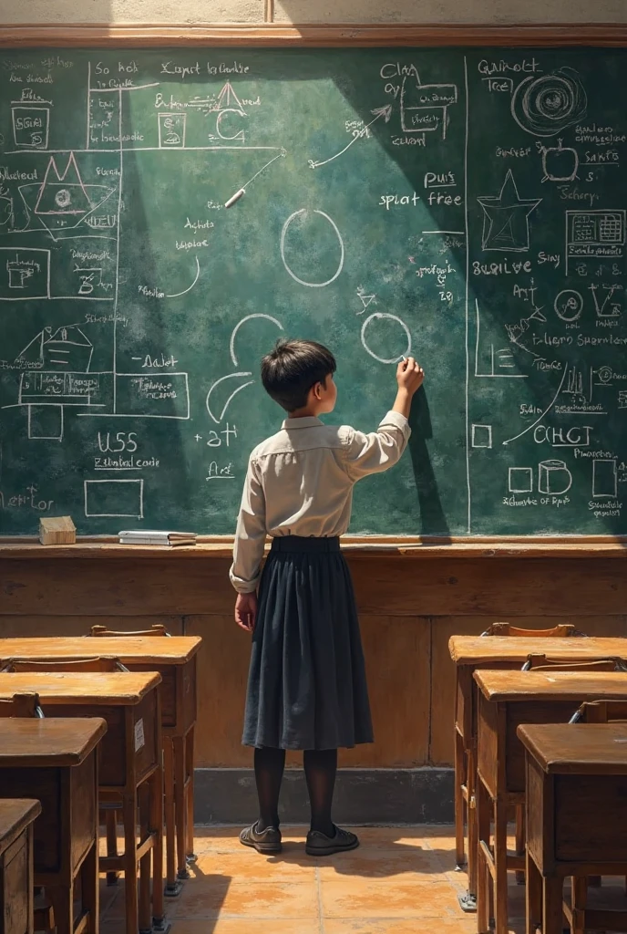 School boy with black board in the garden area 
