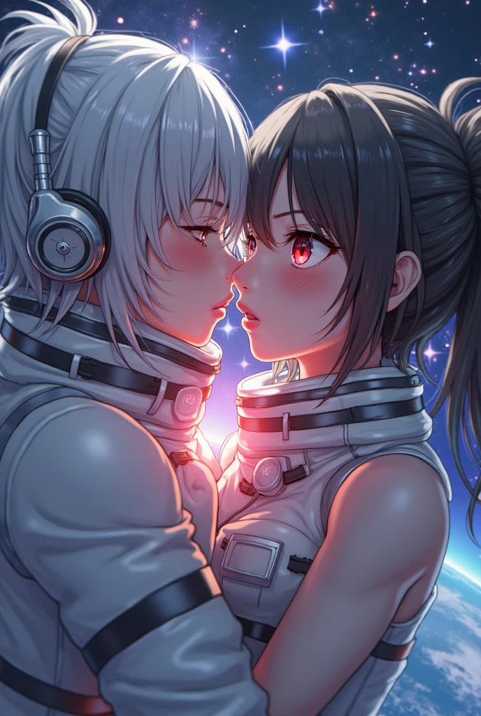tied up naked Rei Ayanami from Neon Genesis Evangelion kissing shinji ikari, space ship, night, moon, futuristic, blue planet